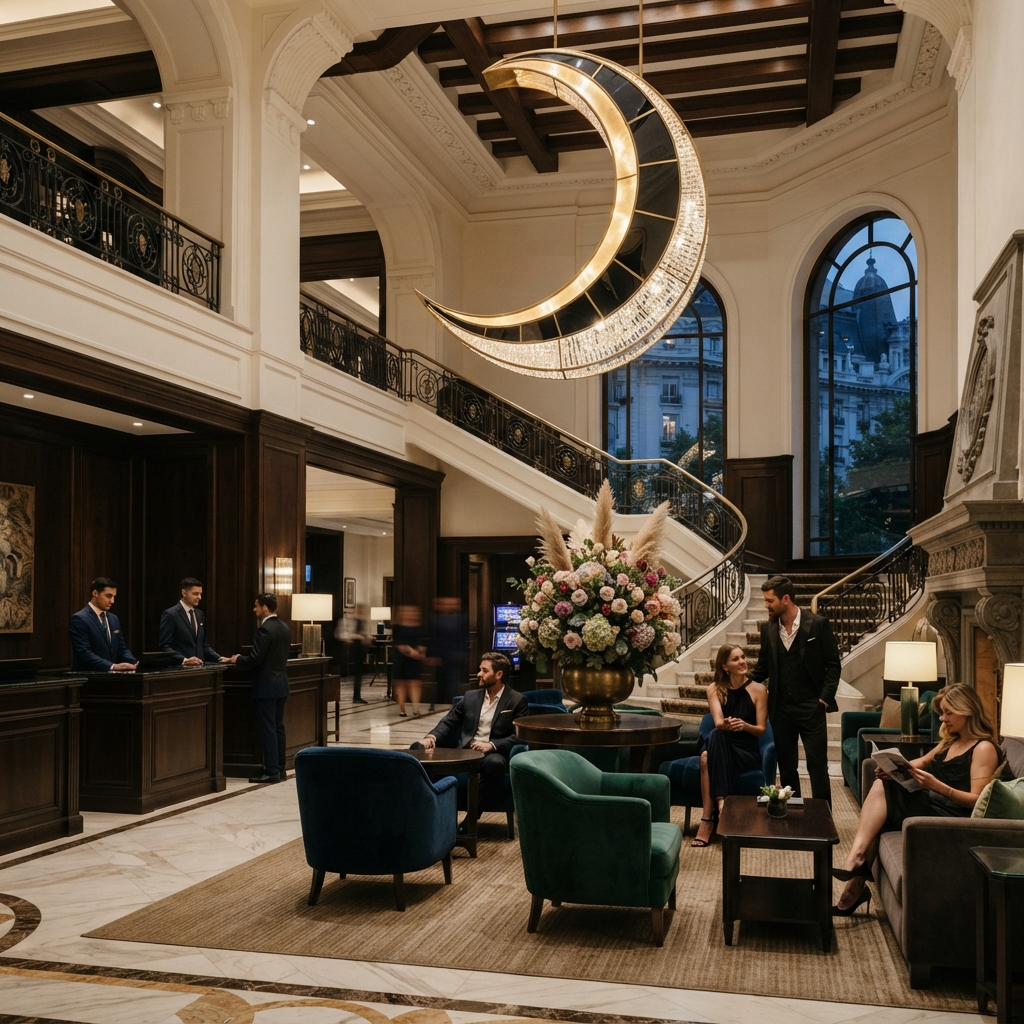 Grand Luna Dorada hotel lobby with gold lighting and sculptural moon chandelier