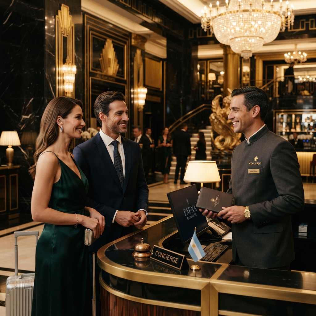 Elegant Luna Dorada concierge welcoming guests