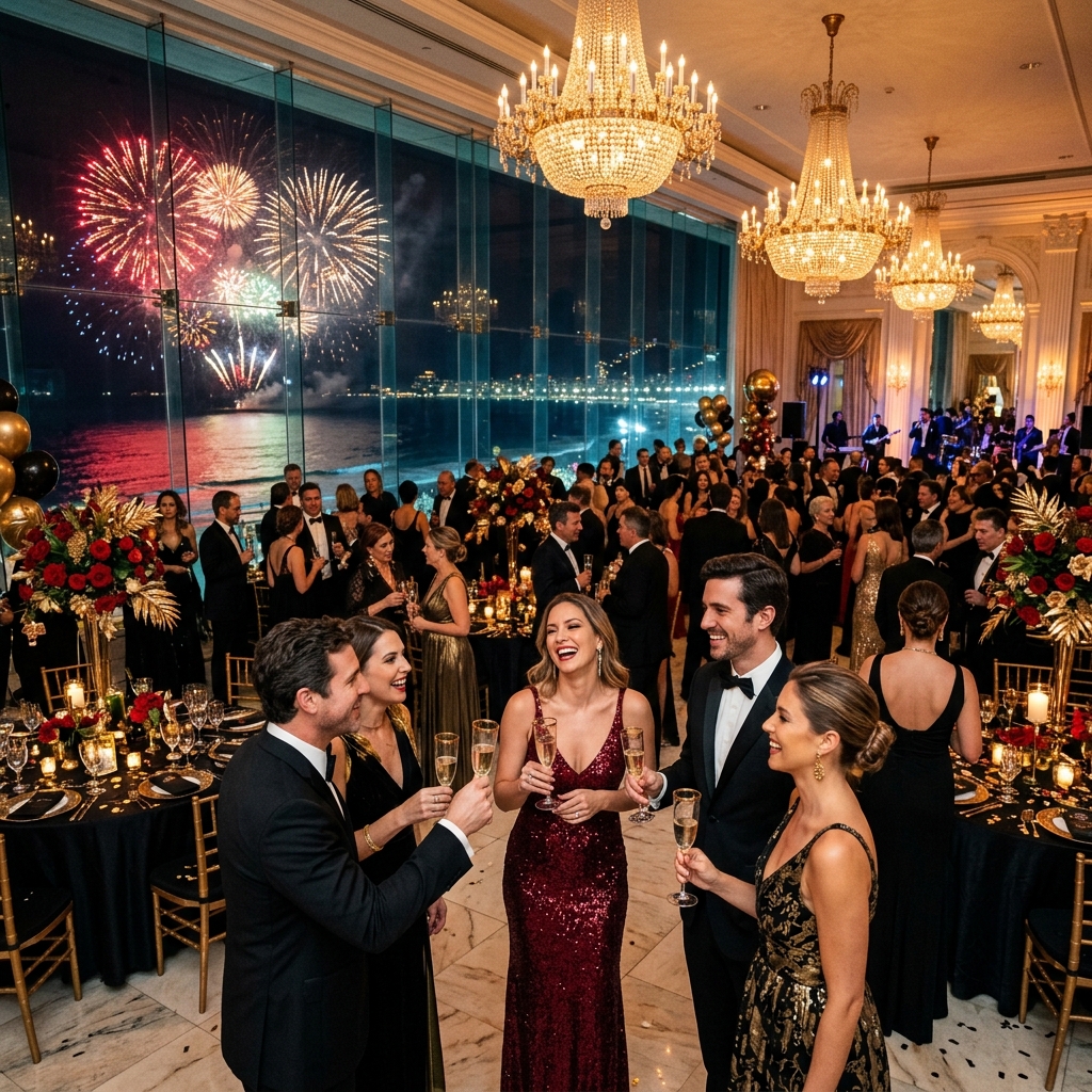 Elegant New Year gala in a luxury oceanfront ballroom