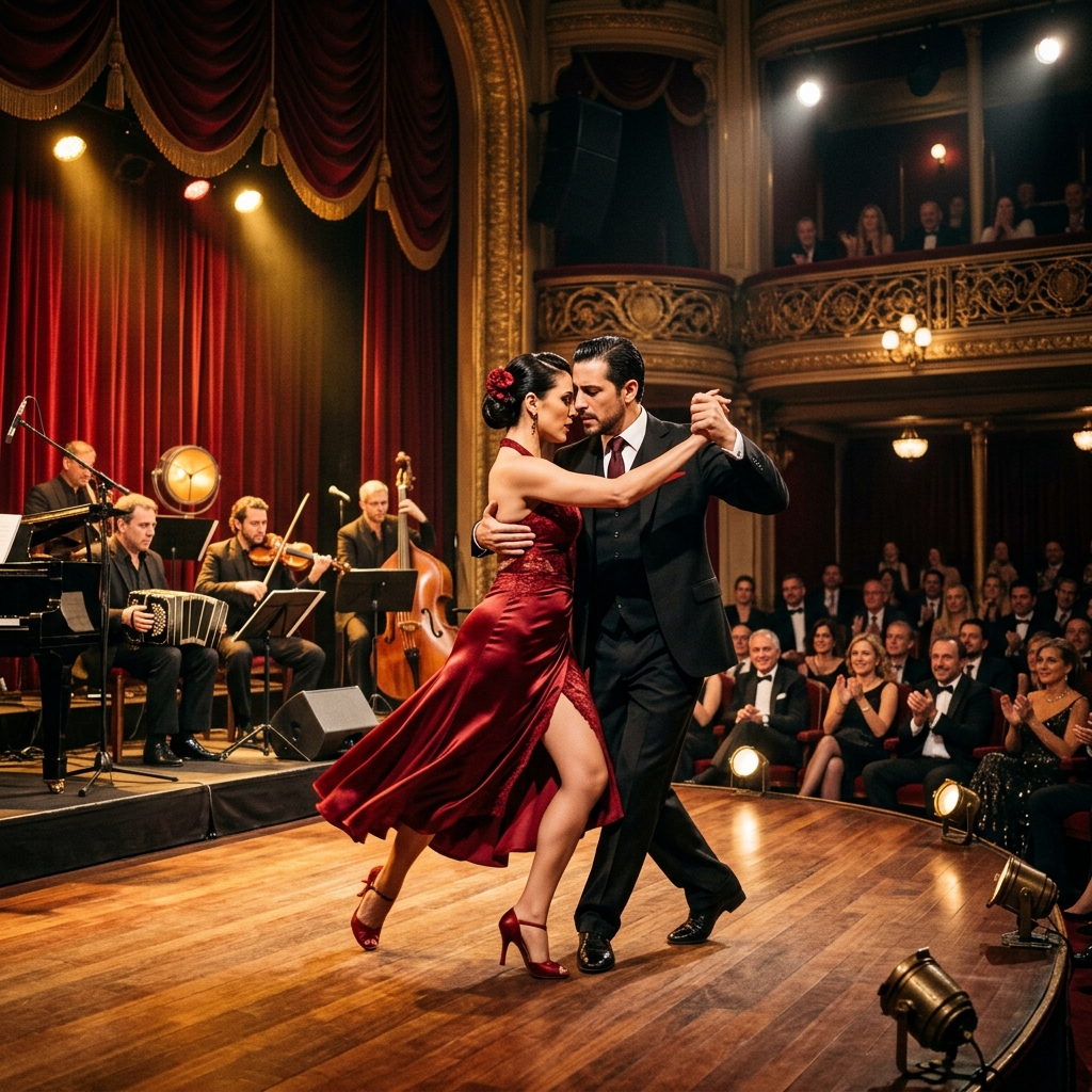 Tango dancers performing in a glamorous hotel theatre