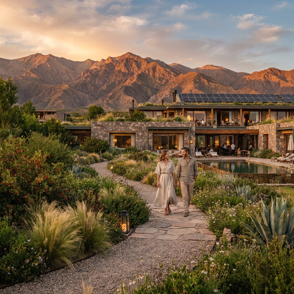 Sustainable luxury hotel garden with solar architecture